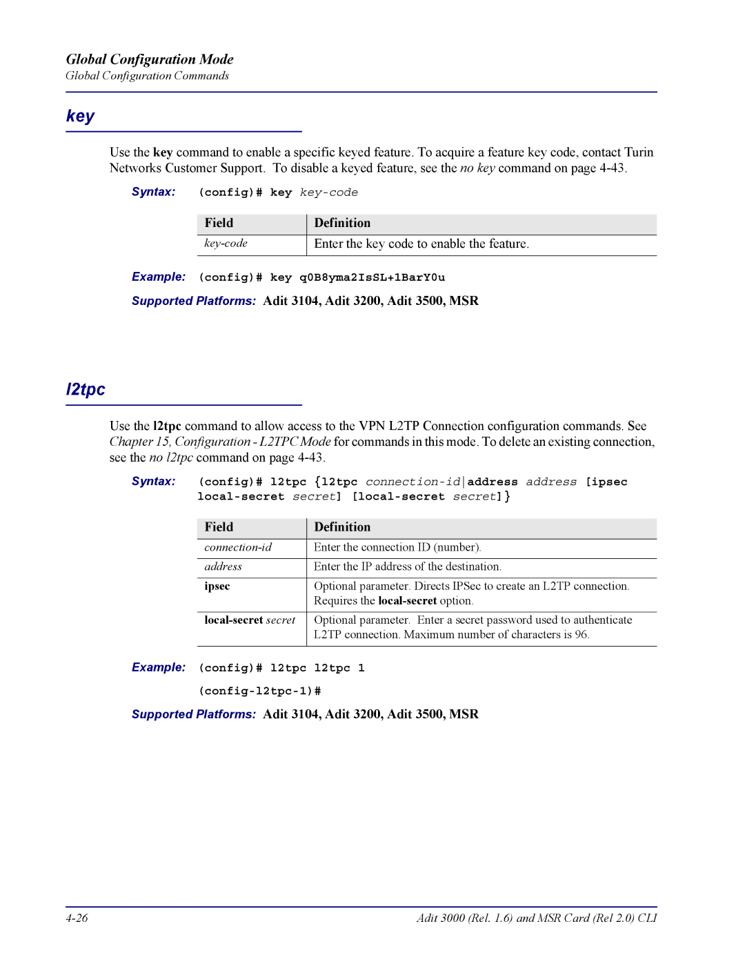 Carrier Access none manual L2tpc, Key-code, Ipsec, Local-secret secret 