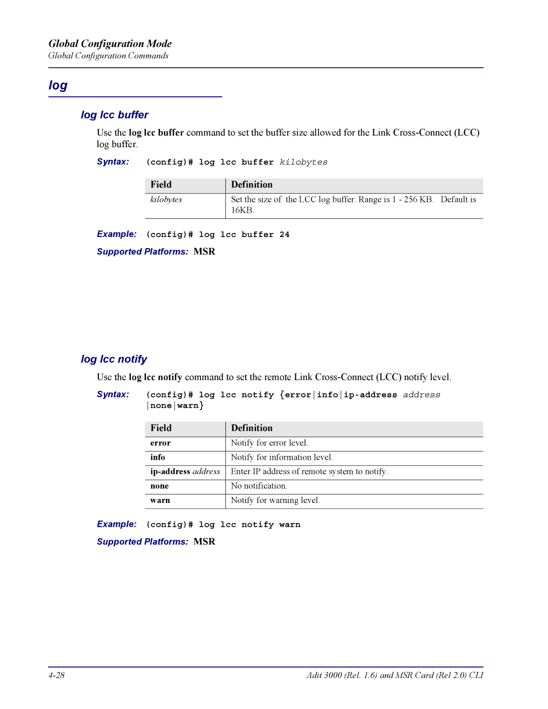 Carrier Access none manual Log lcc buffer, Log lcc notify 