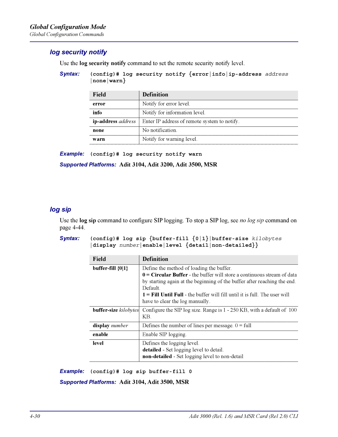 Carrier Access none manual Log security notify, Log sip, Example config# log security notify warn, Level 