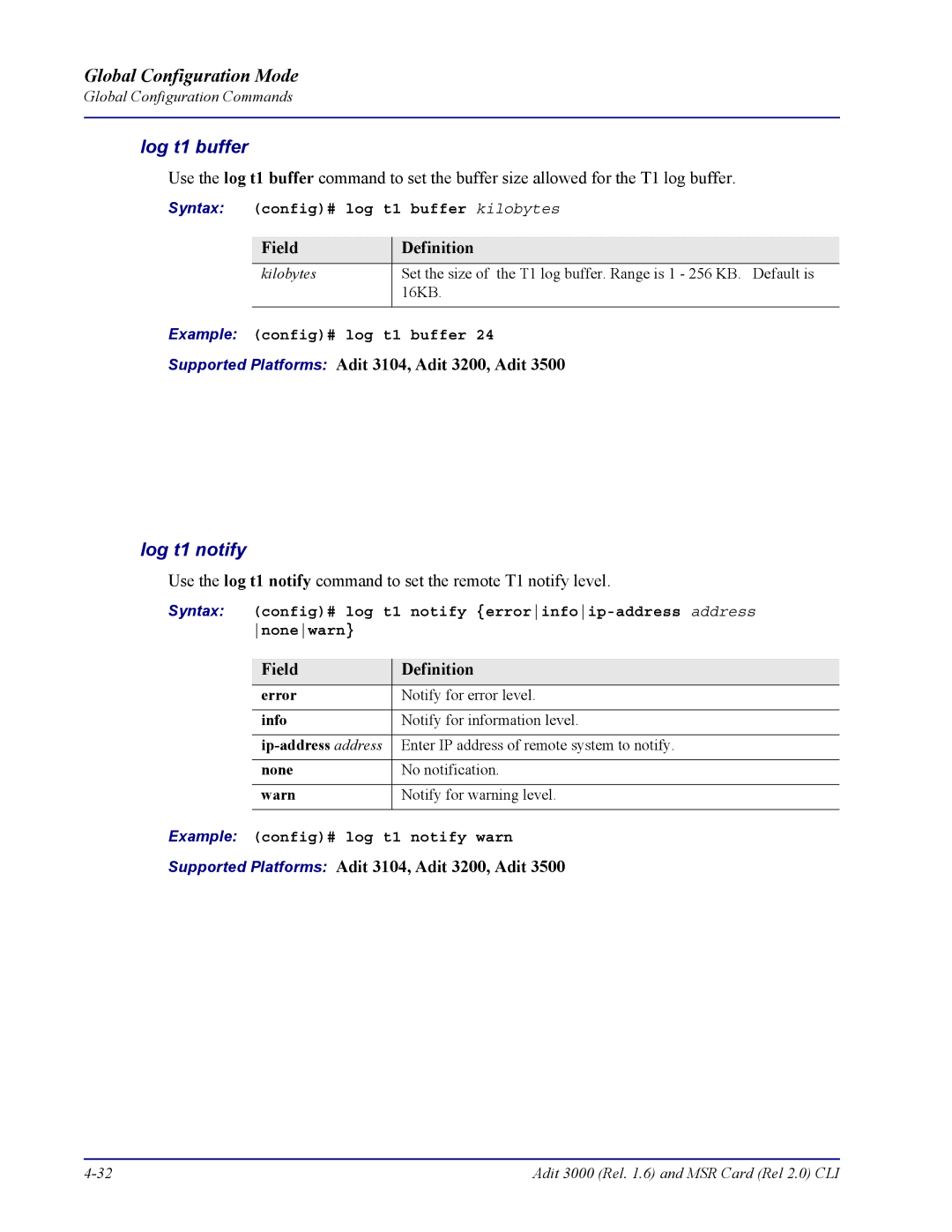 Carrier Access none Log t1 buffer, Log t1 notify, Syntax config# log t1 buffer kilobytes, Example config# log t1 buffer 