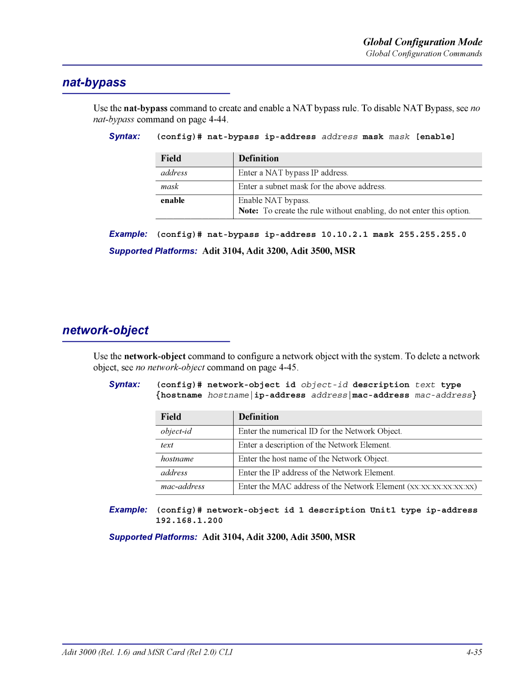 Carrier Access none manual Nat-bypass, Network-object, Enable, Example config# nat-bypass ip-address 10.10.2.1 mask 