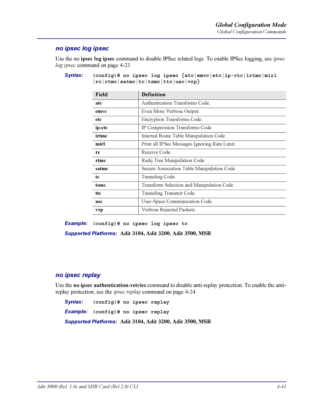 Carrier Access none manual No ipsec log ipsec, No ipsec replay, Example config# no ipsec log ipsec tc 