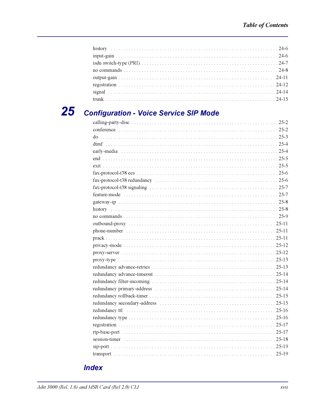 Carrier Access none manual Configuration Voice Service SIP Mode, Index 