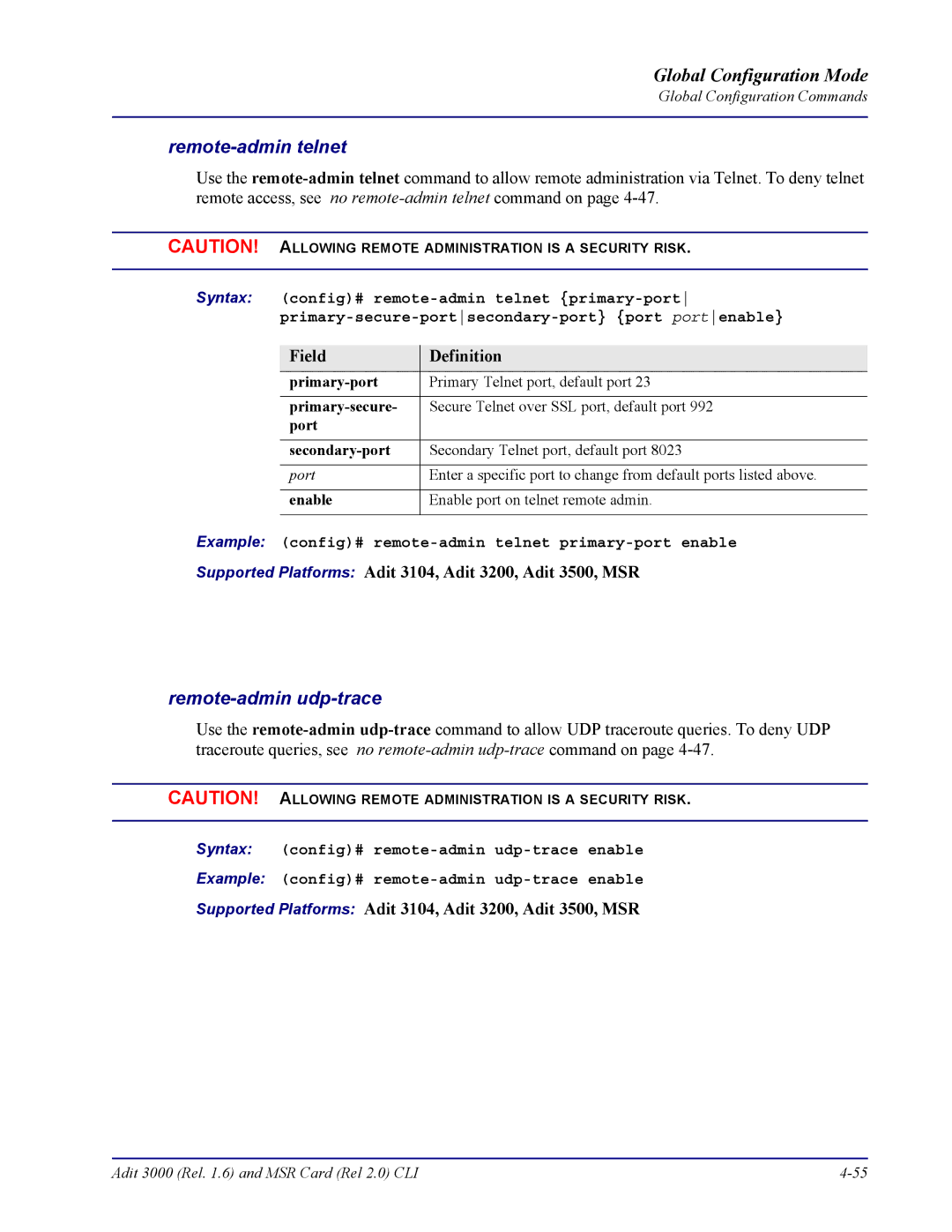 Carrier Access none manual Remote-admin telnet, Remote-admin udp-trace, Primary-port, Port Secondary-port 