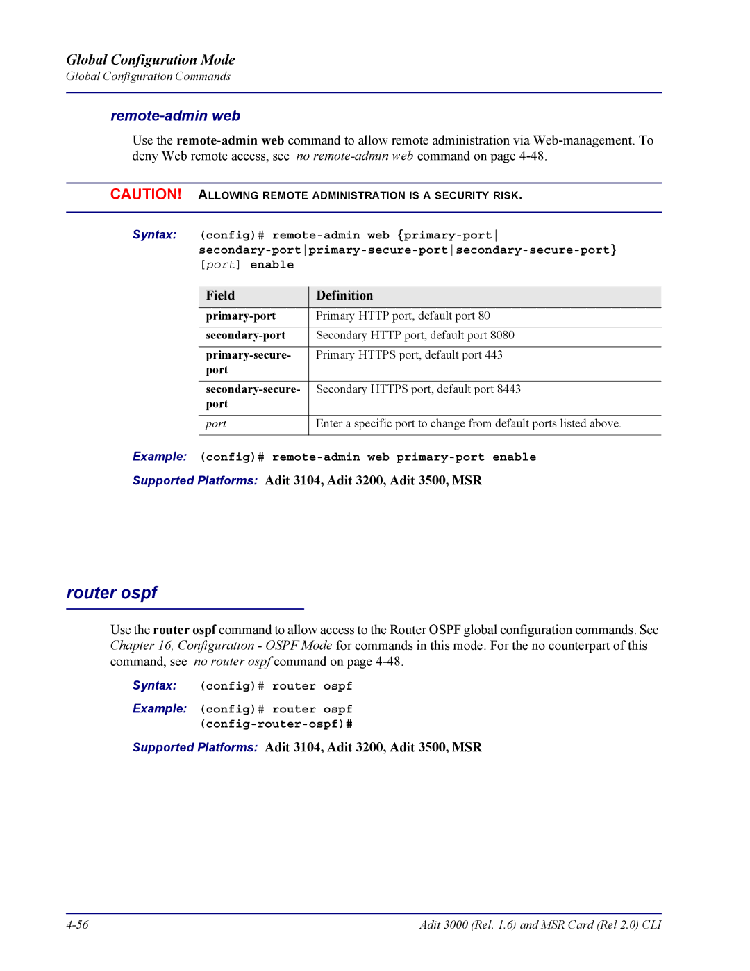 Carrier Access none manual Router ospf, Remote-admin web, Example config# remote-admin web primary-port enable 