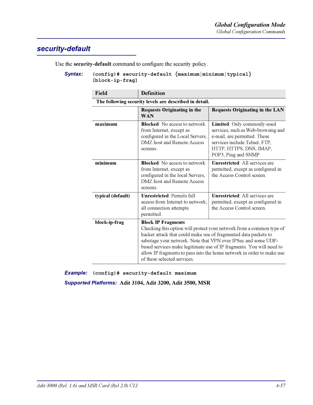 Carrier Access none manual Security-default, Maximum, Minimum, Typical default, Block-ip-frag Block IP Fragments 