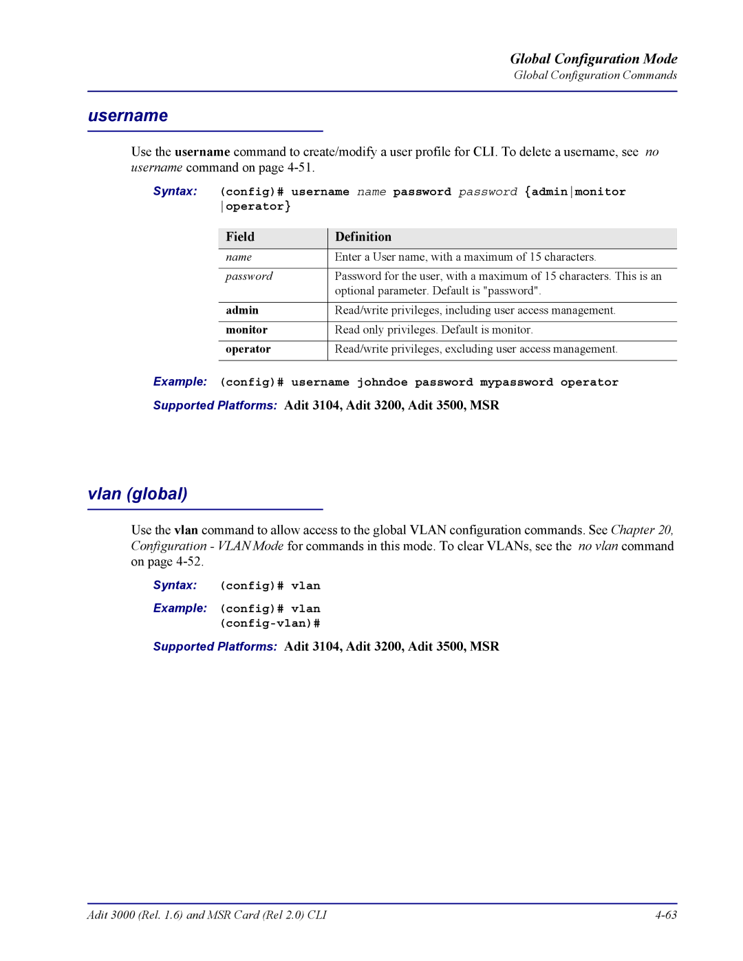 Carrier Access none manual Username, Vlan global, Admin, Monitor, Operator 