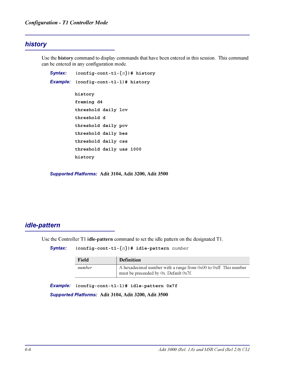 Carrier Access none manual Idle-pattern, Syntax config-cont-t1-n# idle-pattern number 