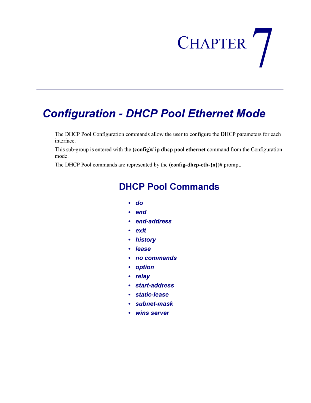 Carrier Access none manual Configuration Dhcp Pool Ethernet Mode, Dhcp Pool Commands 