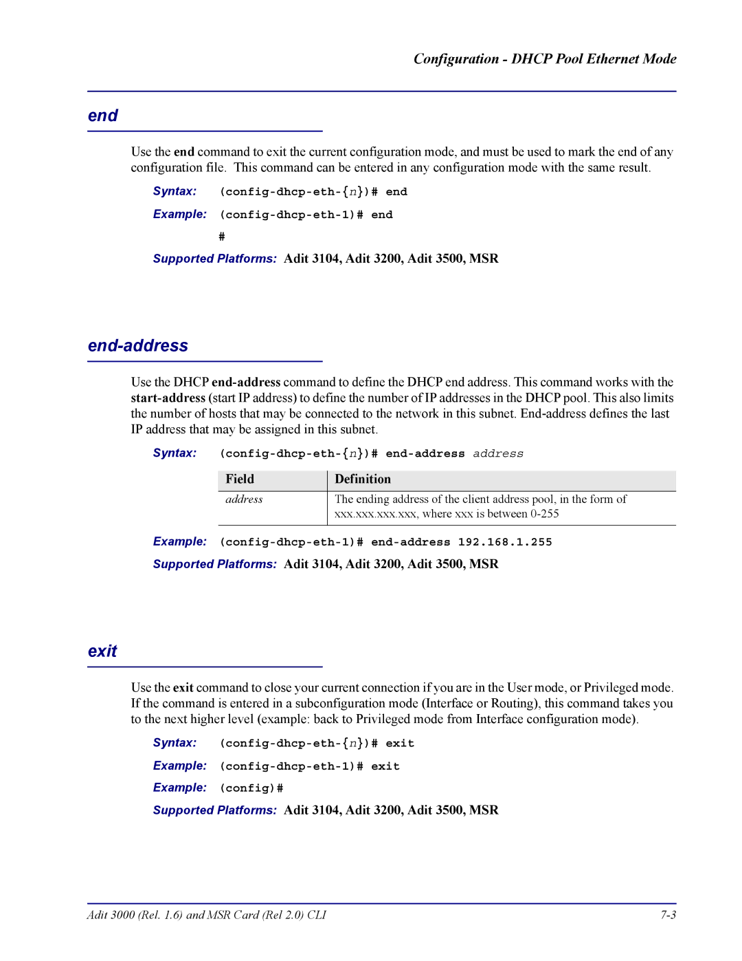 Carrier Access none End-address, Syntax config-dhcp-eth-n# end-address address, Example config-dhcp-eth-1# end-address 