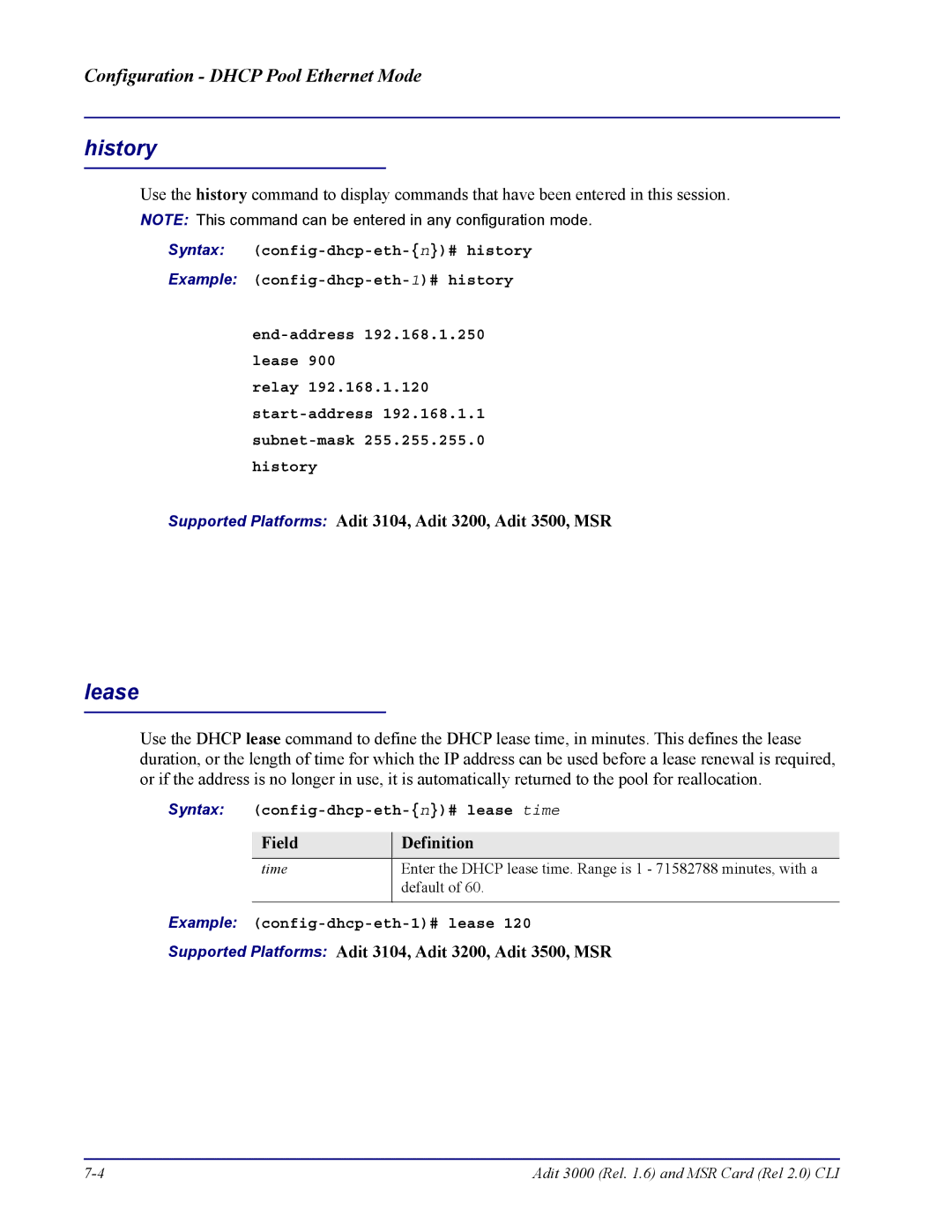 Carrier Access none manual Lease, Syntax config-dhcp-eth-n# lease time, Example config-dhcp-eth-1# lease 