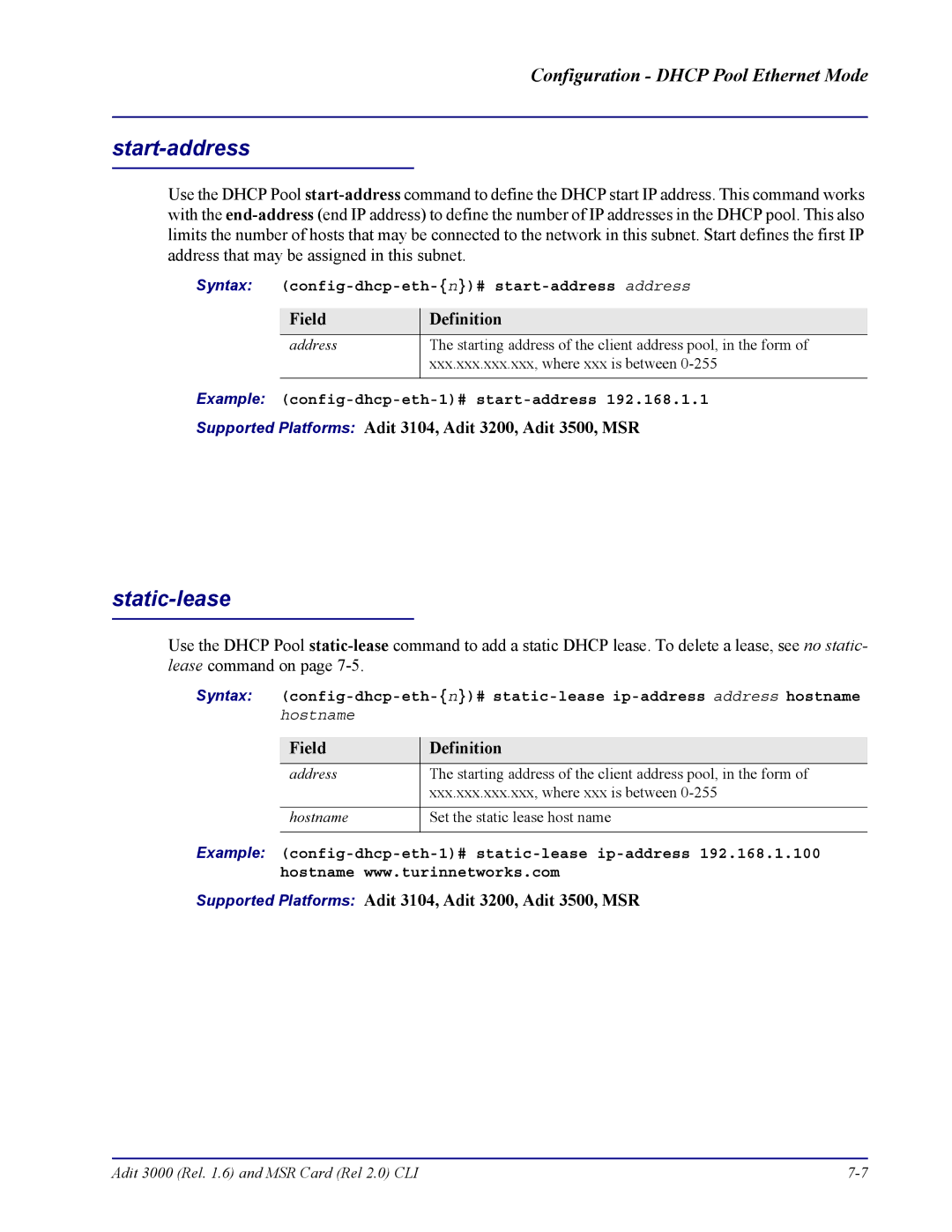 Carrier Access none manual Start-address, Static-lease, Syntax config-dhcp-eth-n# start-address address 