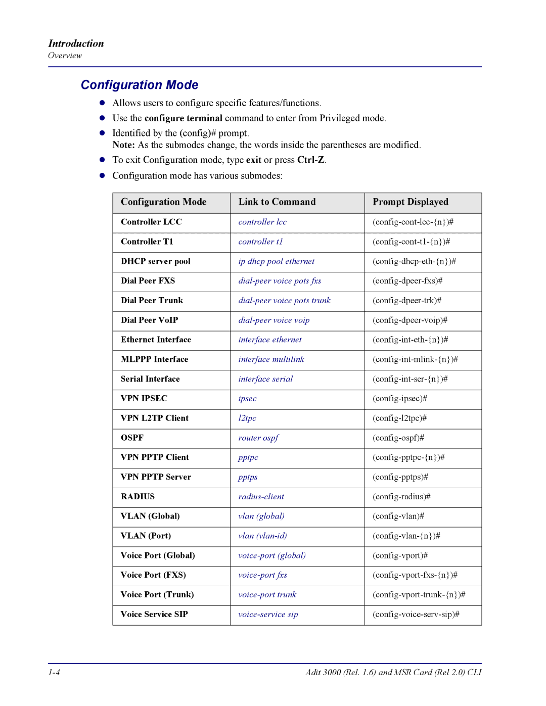 Carrier Access none manual Configuration Mode Link to Command Prompt Displayed 