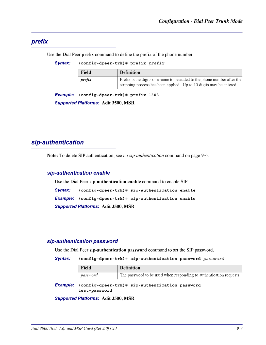 Carrier Access none manual Prefix, Syntax config-dpeer-trk# prefix prefix, Example config-dpeer-trk# prefix 