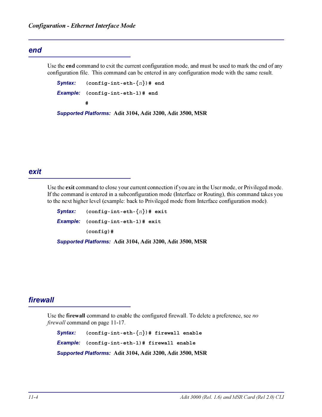 Carrier Access none manual Firewall, Syntax config-int-eth-n# end Example config-int-eth-1# end 