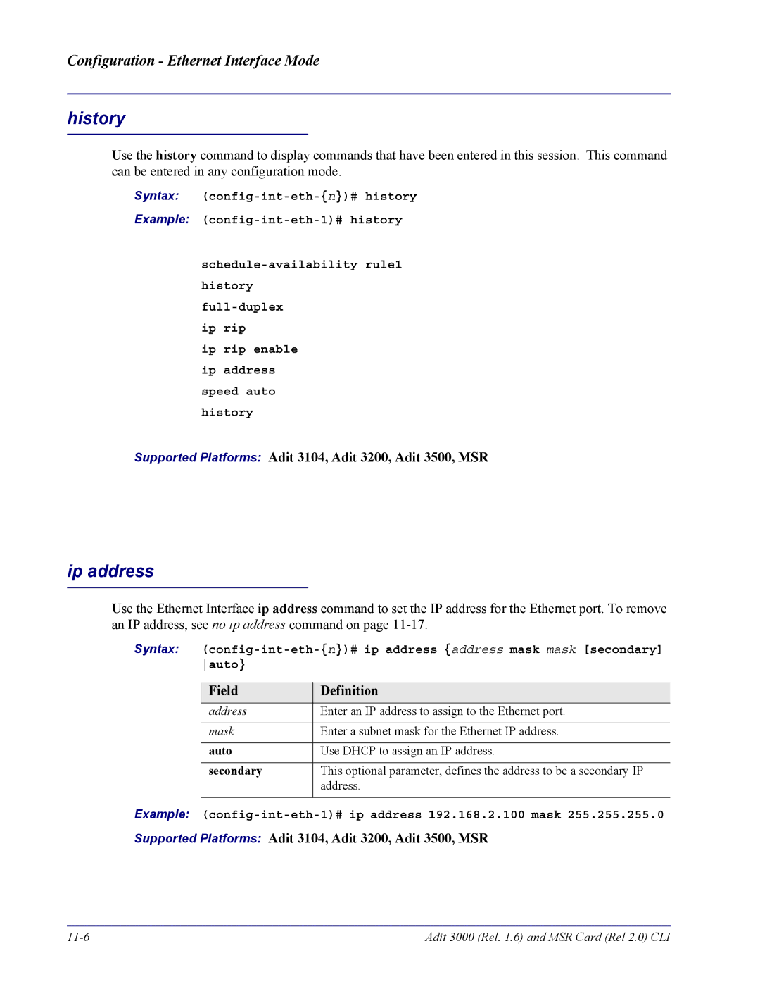 Carrier Access none manual Ip address, Auto, Secondary, Example config-int-eth-1# ip address 192.168.2.100 mask 