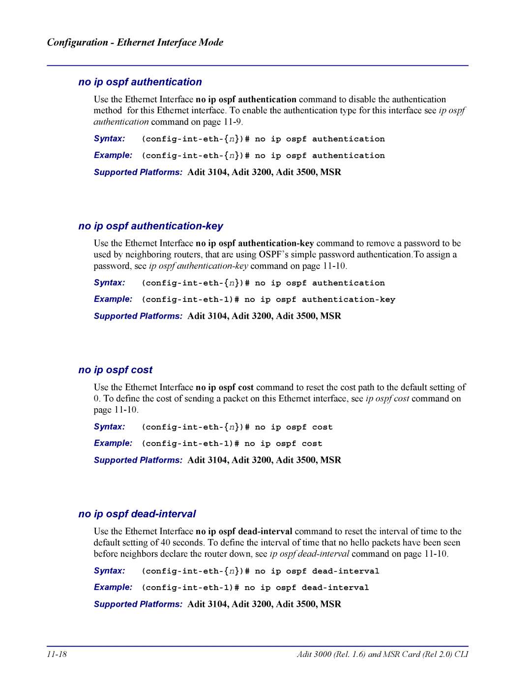 Carrier Access none manual No ip ospf authentication-key, No ip ospf cost, No ip ospf dead-interval 