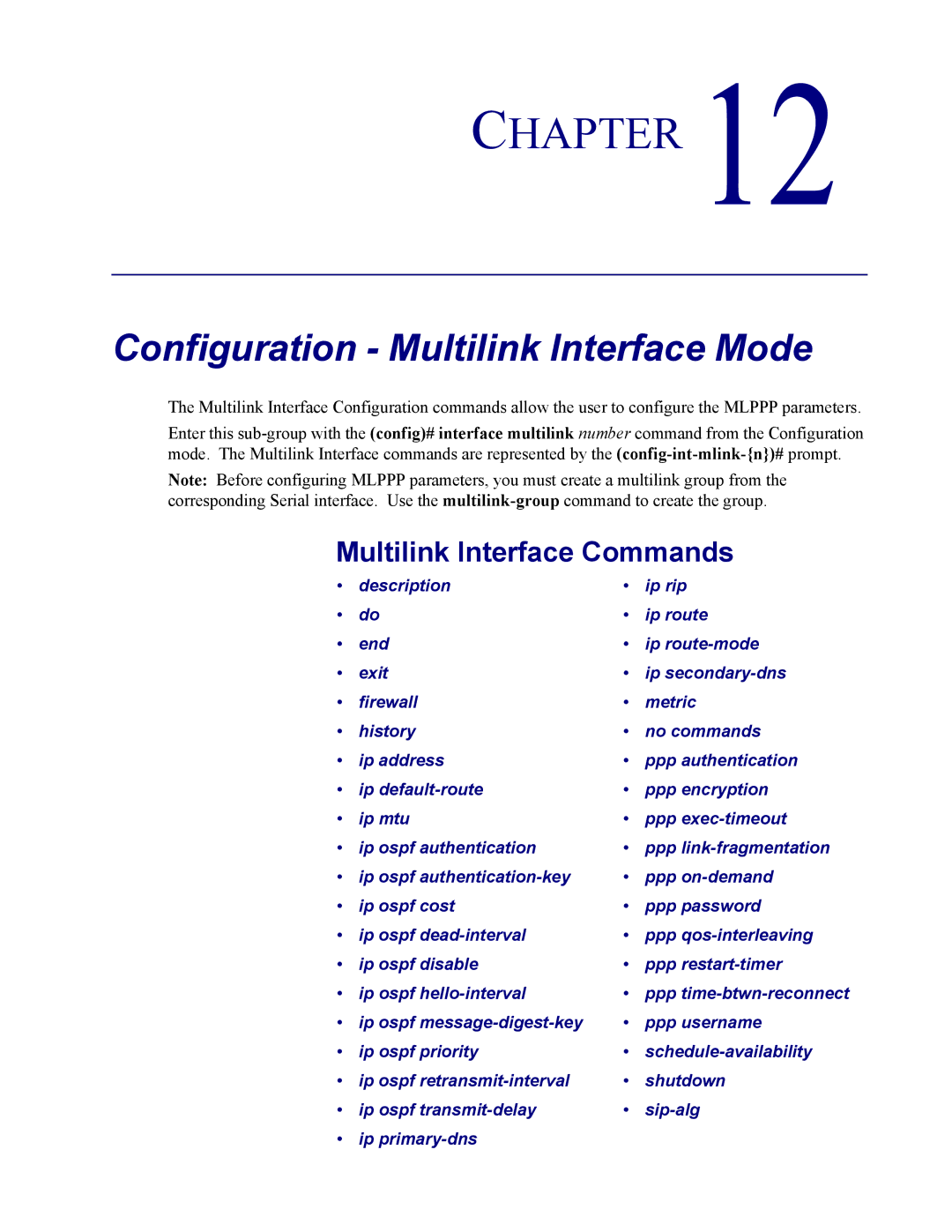 Carrier Access none manual Configuration Multilink Interface Mode, Multilink Interface Commands 