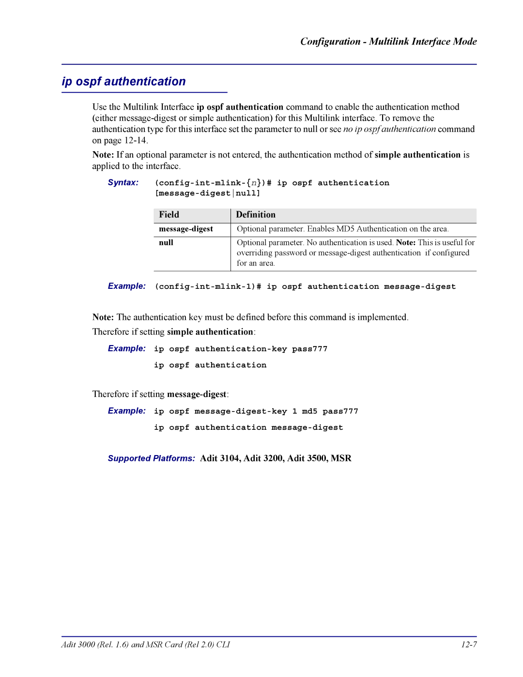 Carrier Access none manual Adit 3000 Rel .6 and MSR Card Rel 2.0 CLI 12-7 