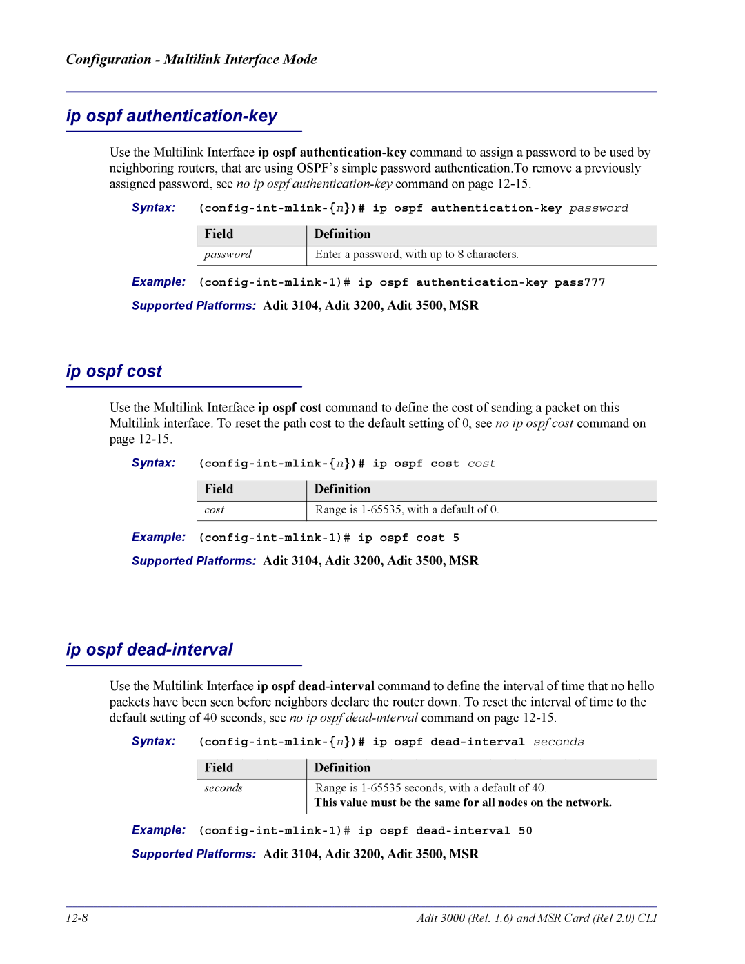 Carrier Access none manual Syntax config-int-mlink-n# ip ospf cost cost, Example config-int-mlink-1# ip ospf cost 