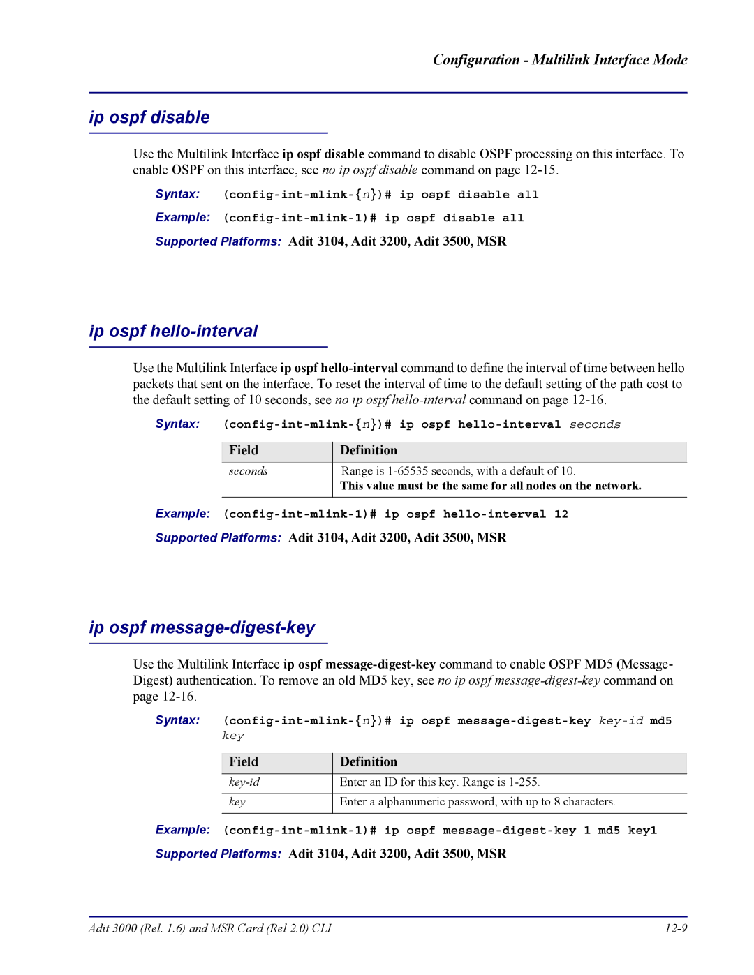 Carrier Access none manual Syntax config-int-mlink-n# ip ospf hello-interval seconds 