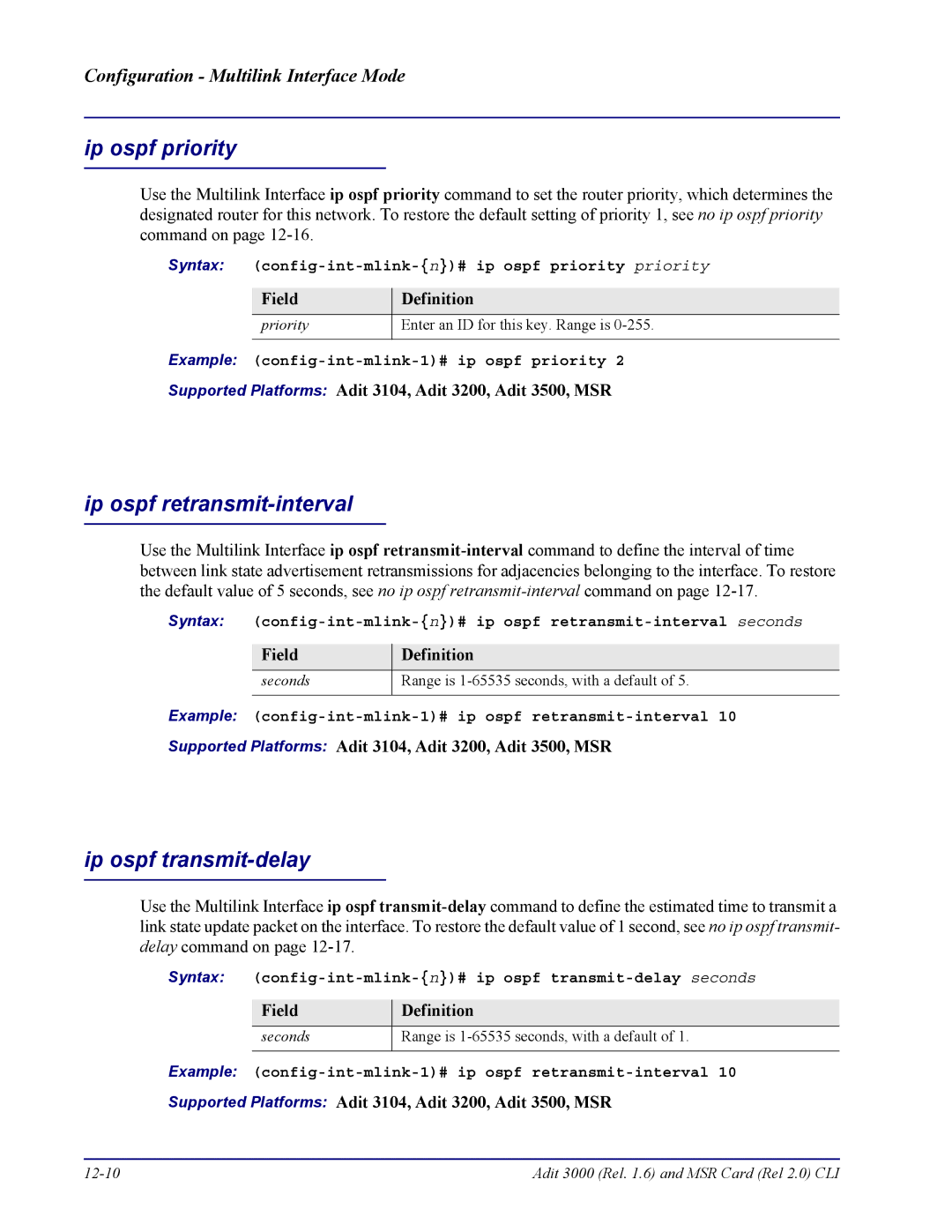 Carrier Access none Syntax config-int-mlink-n# ip ospf priority priority, Example config-int-mlink-1# ip ospf priority 