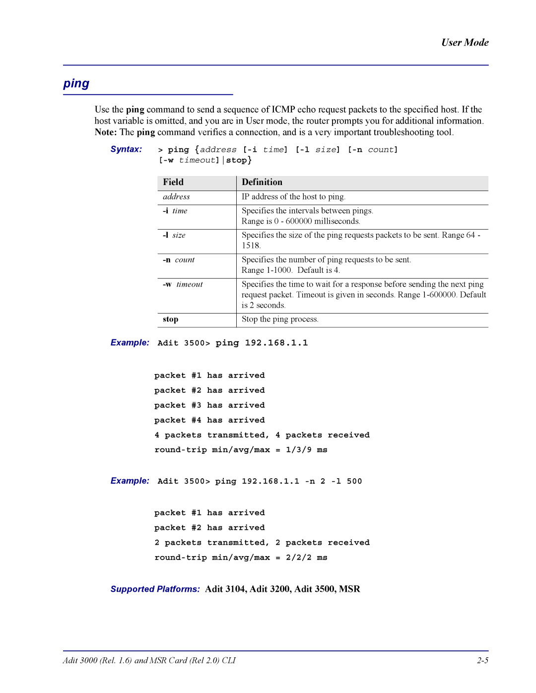 Carrier Access none manual Ping, Syntax ping address -i time -l size -n count -w timeoutstop, Stop 