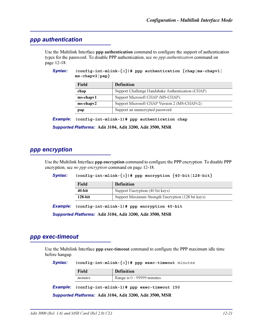 Carrier Access none manual Ppp authentication, Ppp encryption, Ppp exec-timeout 