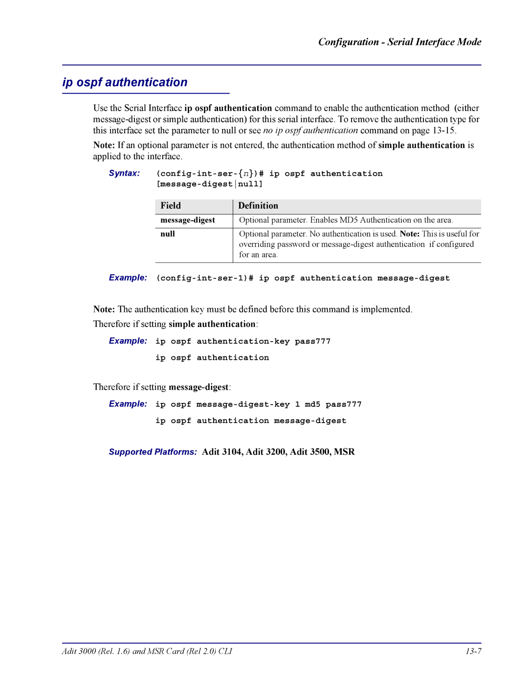 Carrier Access none manual Adit 3000 Rel .6 and MSR Card Rel 2.0 CLI 13-7 