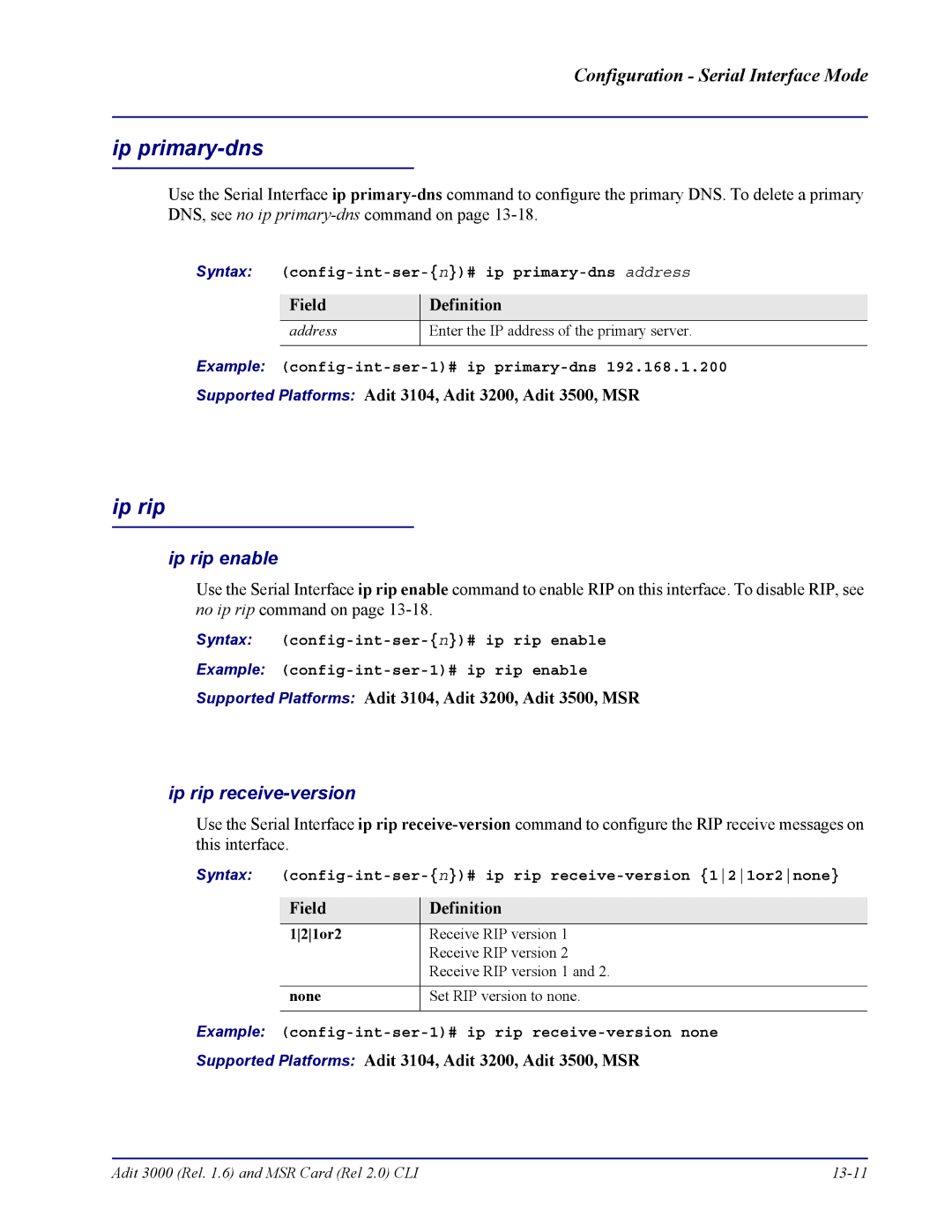 Carrier Access none manual Syntax config-int-ser-n# ip primary-dns address, Example config-int-ser-1# ip primary-dns 