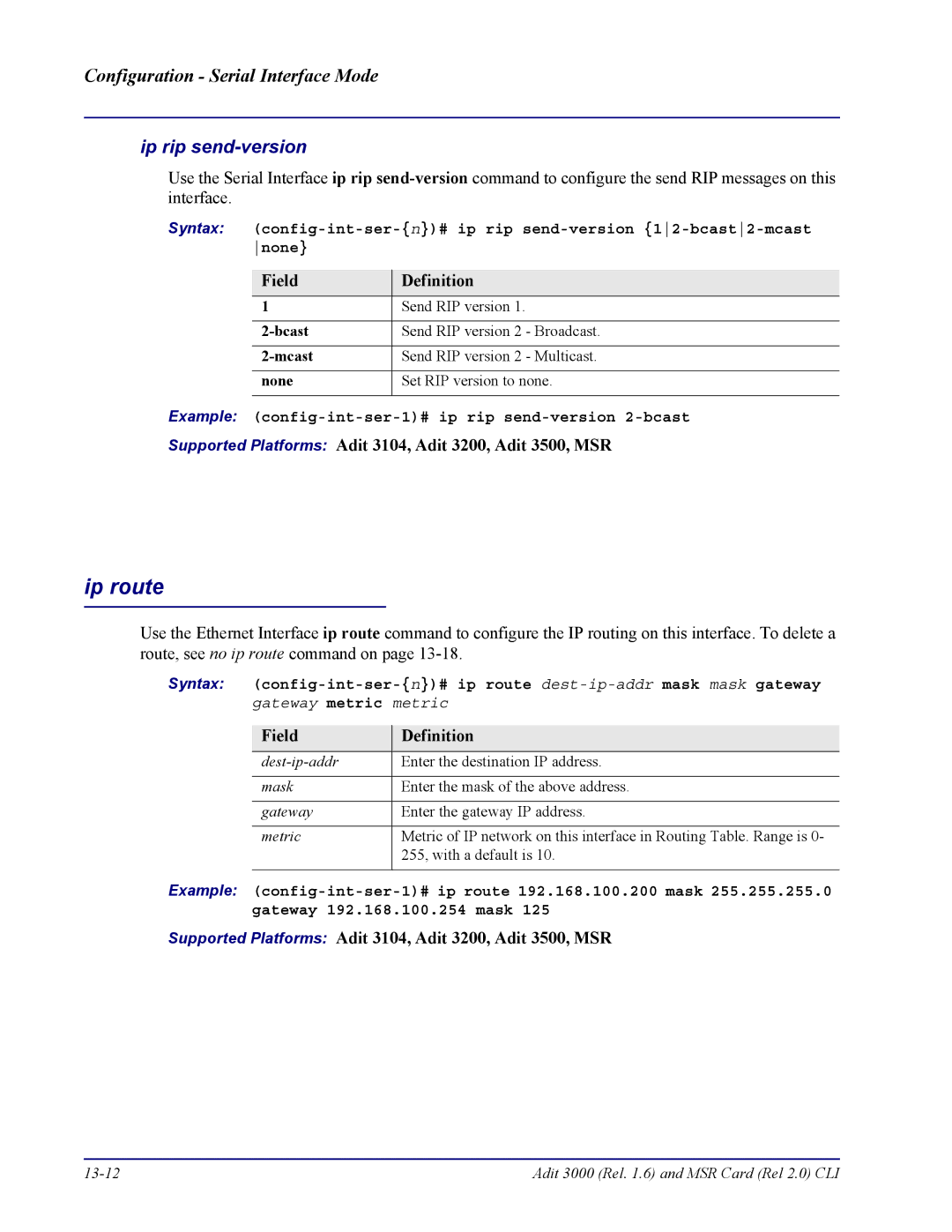 Carrier Access none manual Ip rip send-version, Example config-int-ser-1# ip rip send-version 2-bcast 