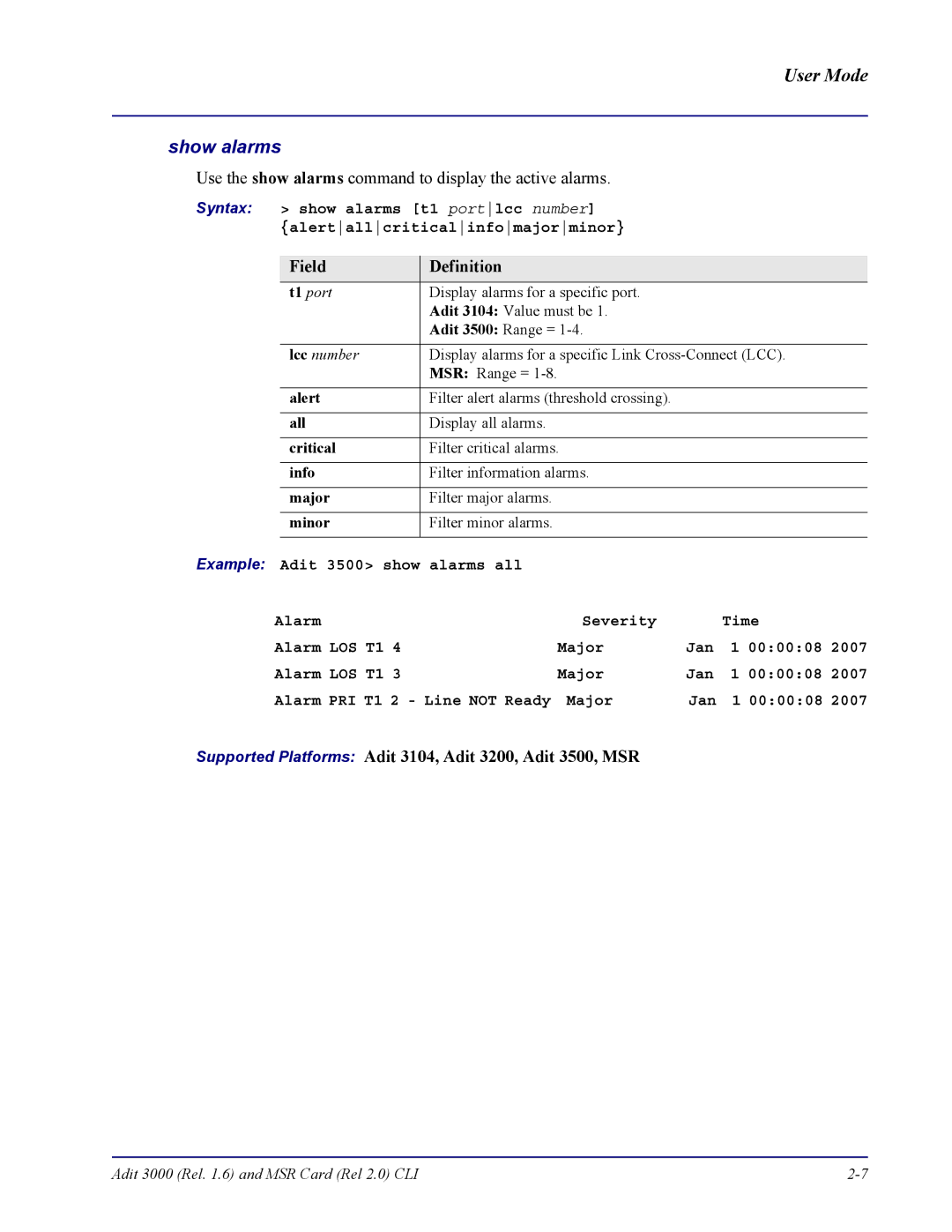 Carrier Access none manual Show alarms 