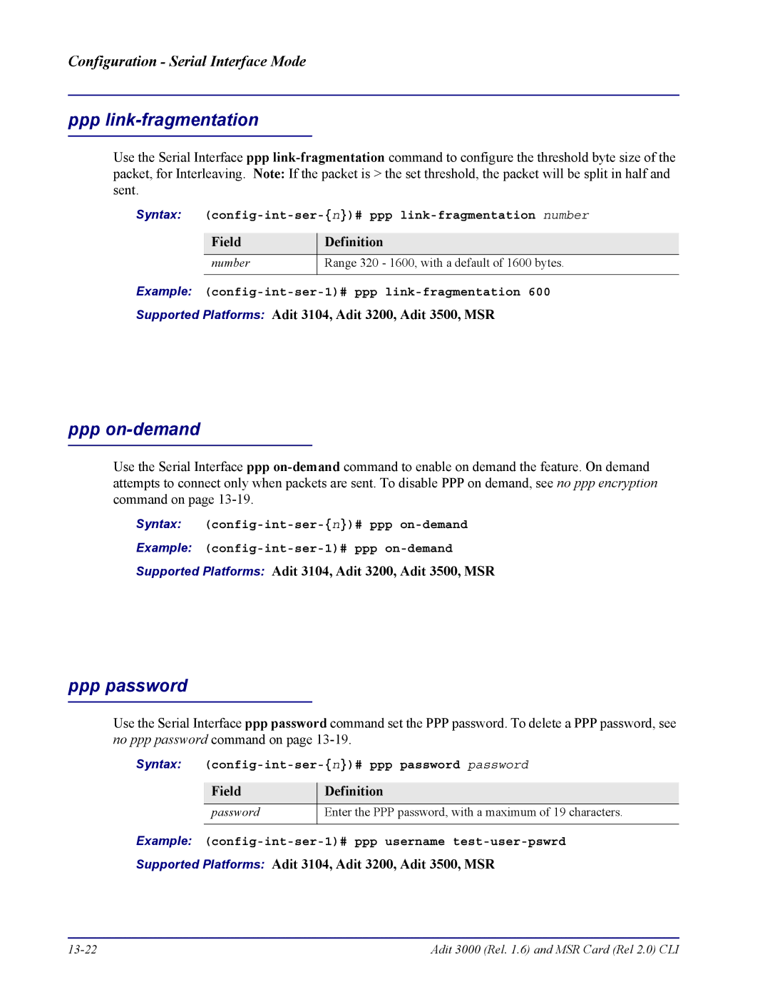 Carrier Access none Syntax config-int-ser-n# ppp link-fragmentation number, Syntax config-int-ser-n# ppp password password 