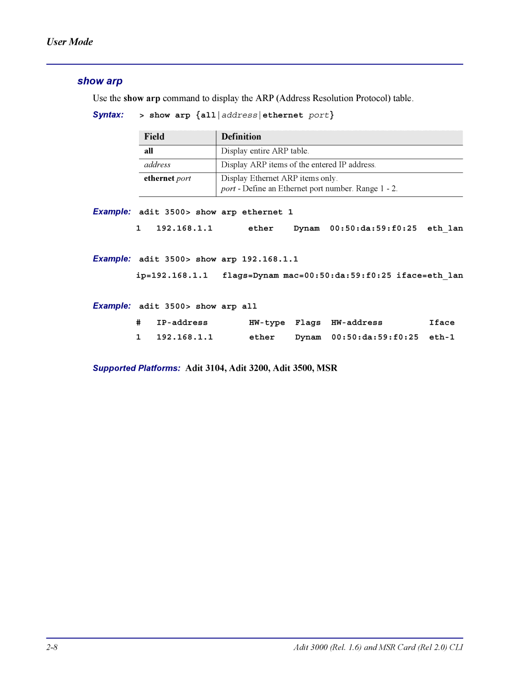 Carrier Access none manual Show arp, Syntax show arp alladdressethernet port, All Display entire ARP table, Address 