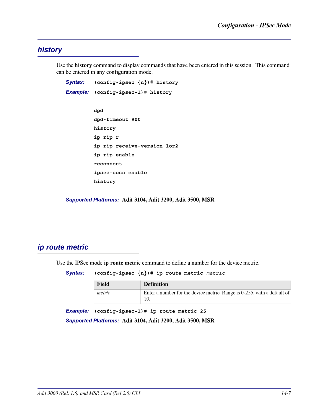 Carrier Access none manual Ip route metric, Syntax config-ipsec n# ip route metric metric 