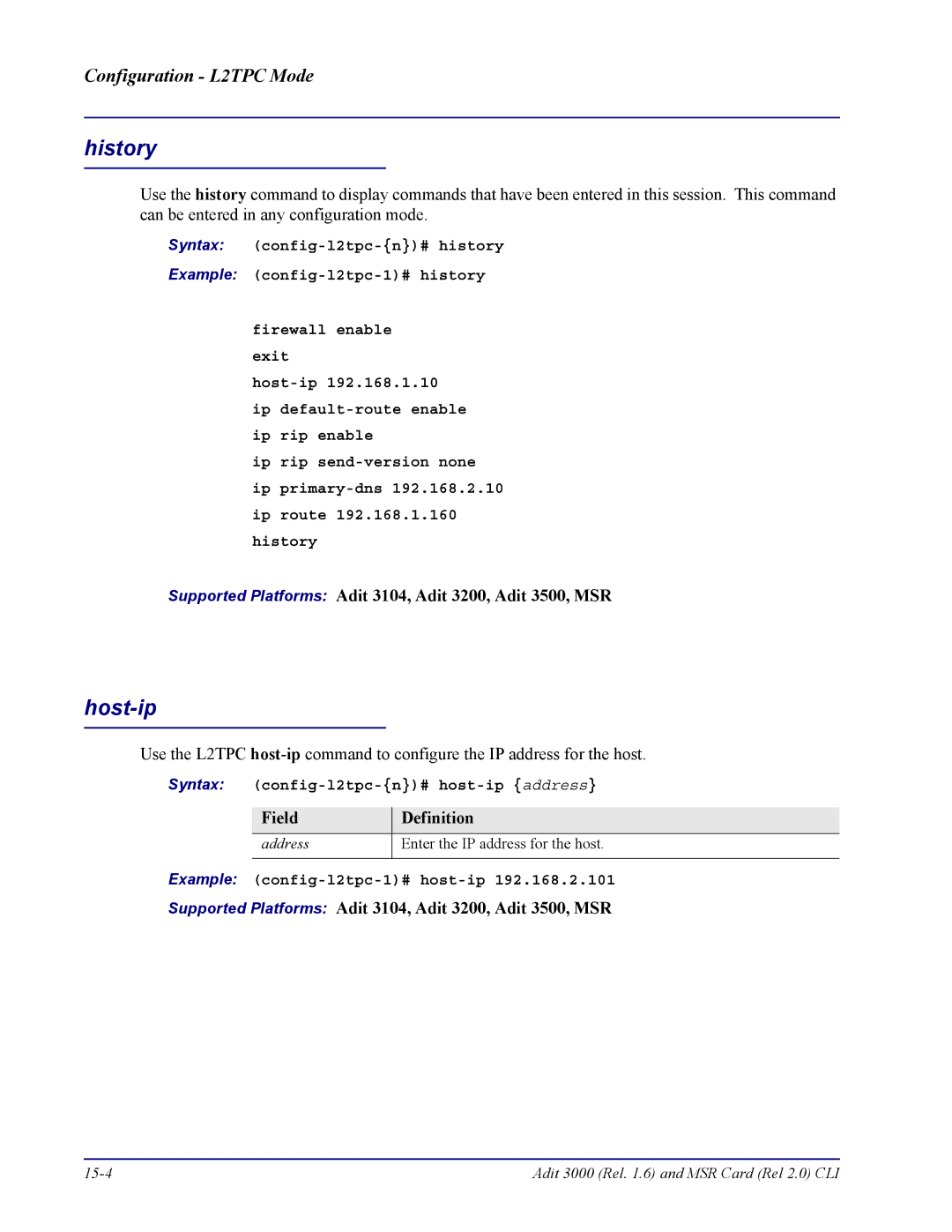 Carrier Access none manual Host-ip, Syntax config-l2tpc-n# host-ip address, Example config-l2tpc-1# host-ip 