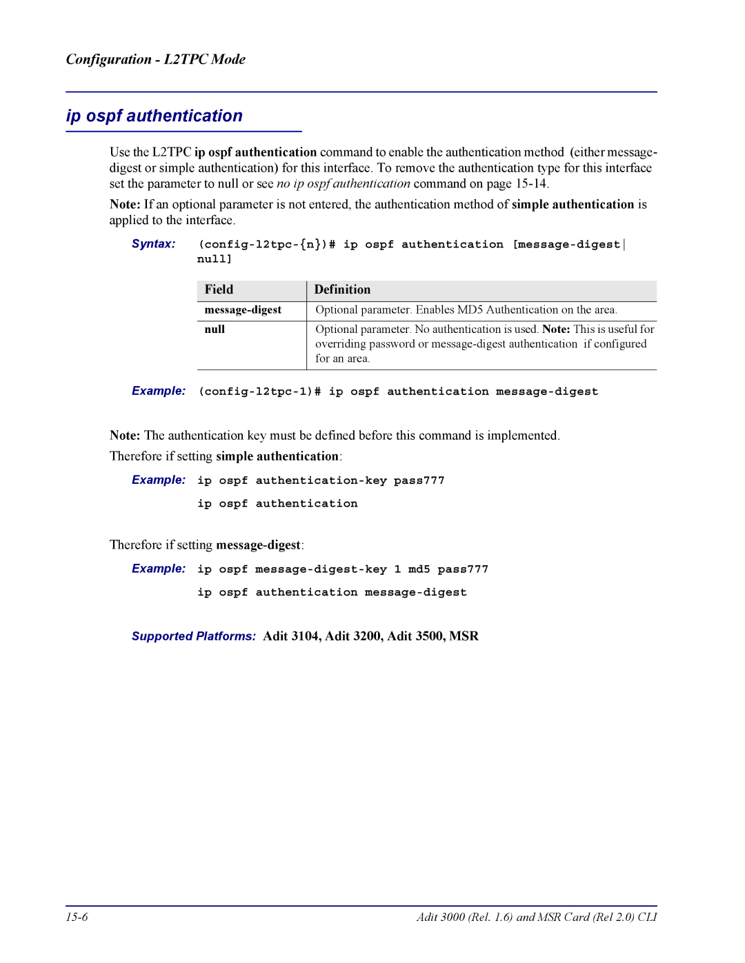 Carrier Access none manual Adit 3000 Rel .6 and MSR Card Rel 2.0 CLI 