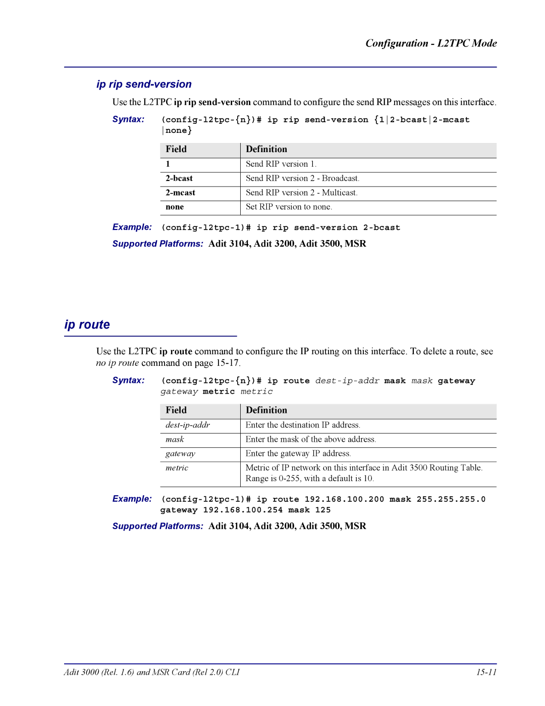 Carrier Access none manual Ip rip send-version, Example config-l2tpc-1# ip rip send-version 2-bcast 