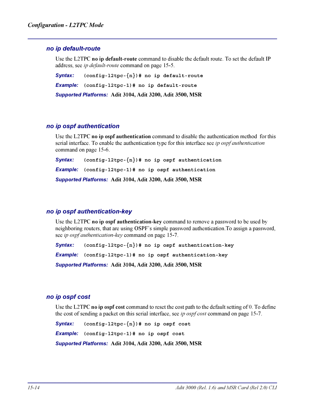 Carrier Access none manual Adit 3000 Rel .6 and MSR Card Rel 2.0 CLI 