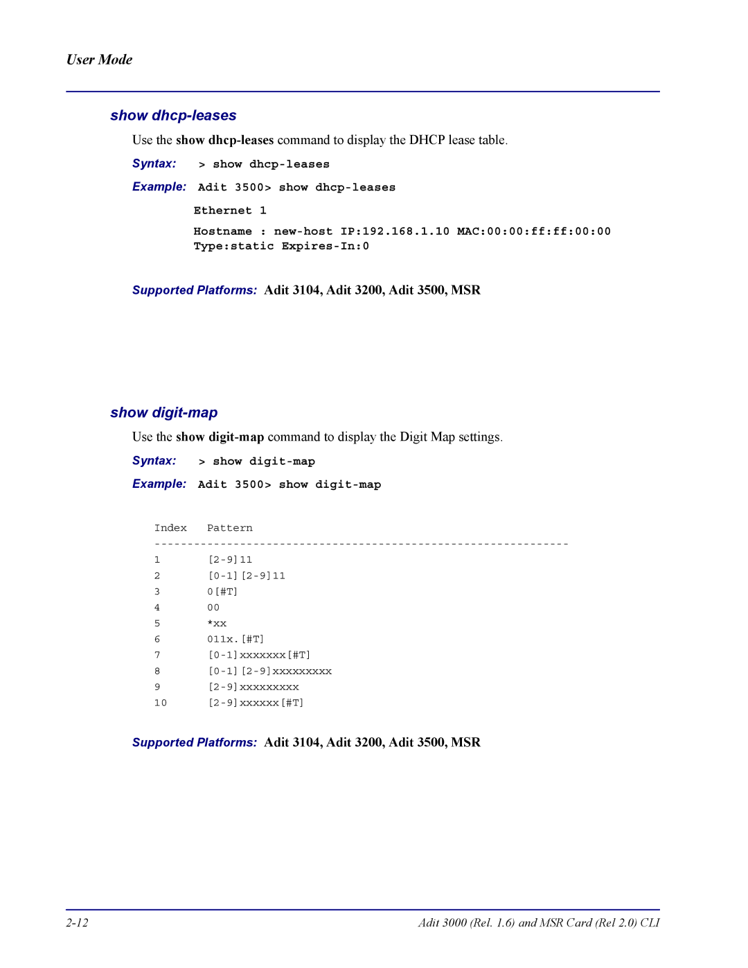 Carrier Access none manual Show dhcp-leases, Show digit-map, Syntax show digit-map Example Adit 3500 show digit-map 