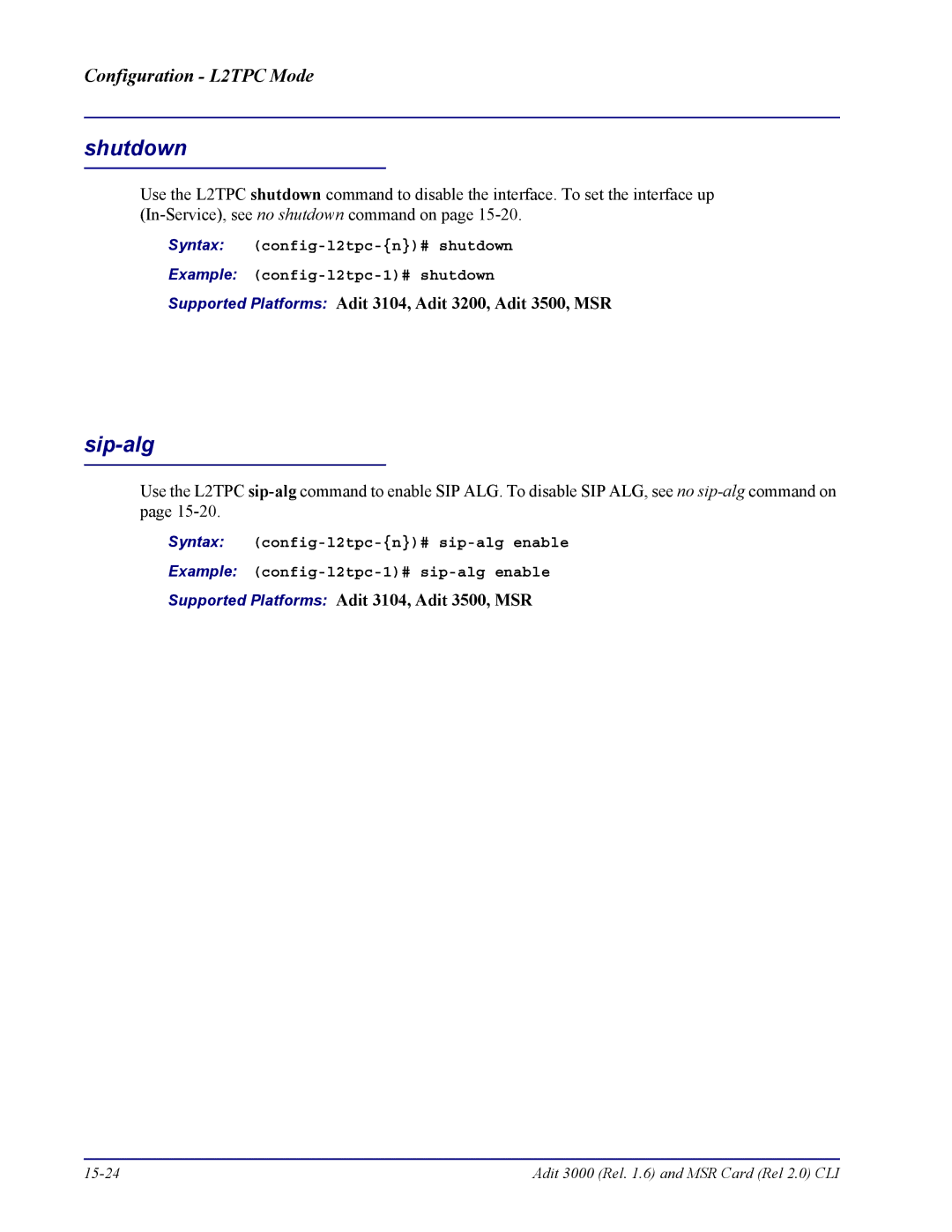 Carrier Access none manual Adit 3000 Rel .6 and MSR Card Rel 2.0 CLI 