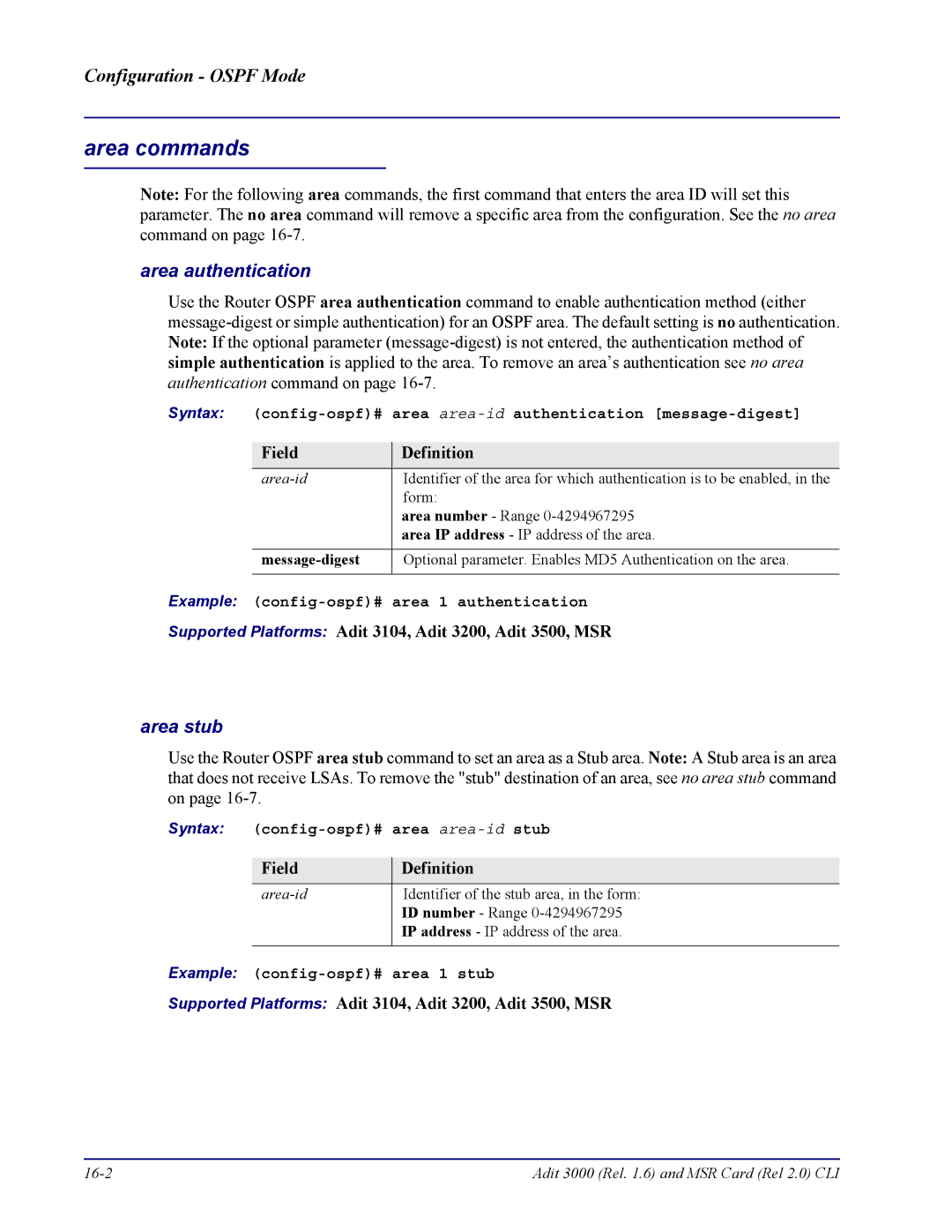 Carrier Access none manual Area commands, Area authentication, Message-digest 