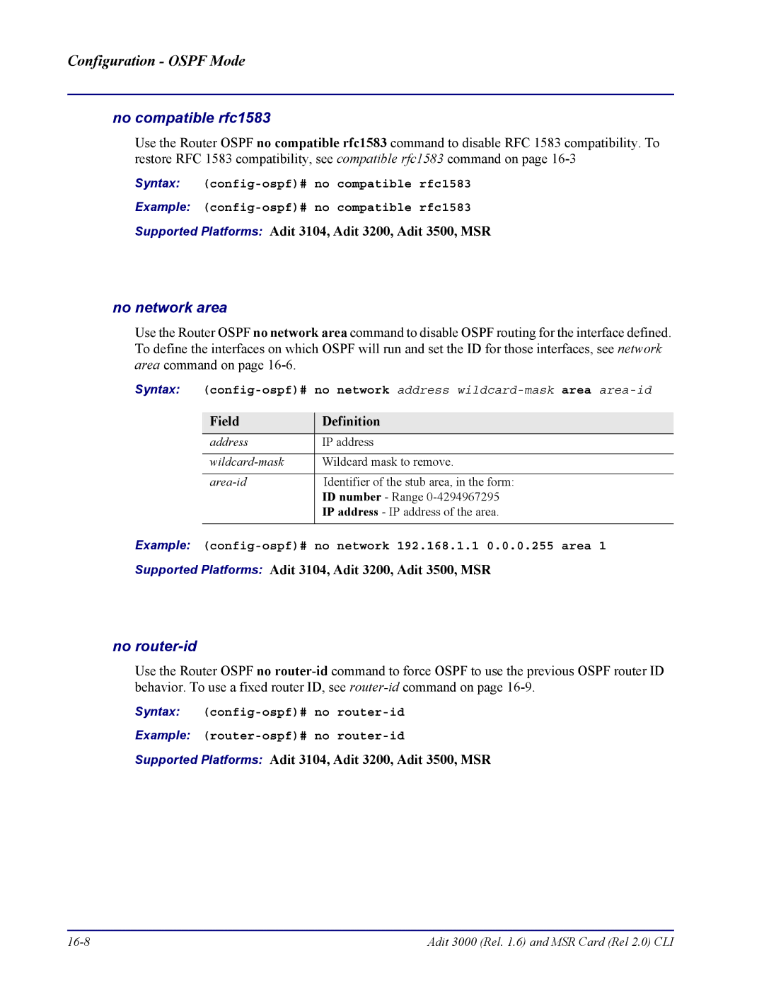 Carrier Access none manual No compatible rfc1583, No network area, No router-id 