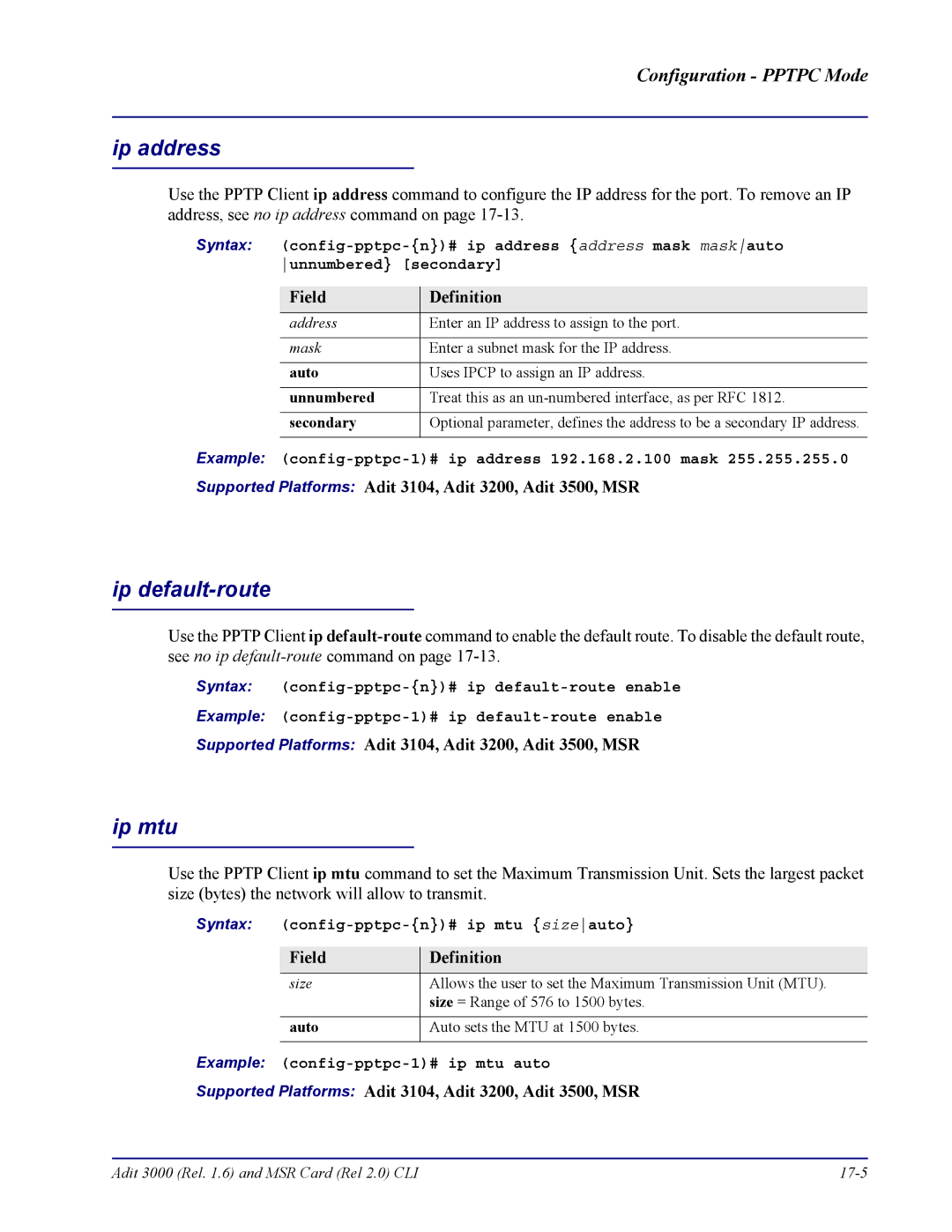 Carrier Access none manual Example config-pptpc-1# ip address 192.168.2.100 mask, Syntax config-pptpc-n# ip mtu sizeauto 