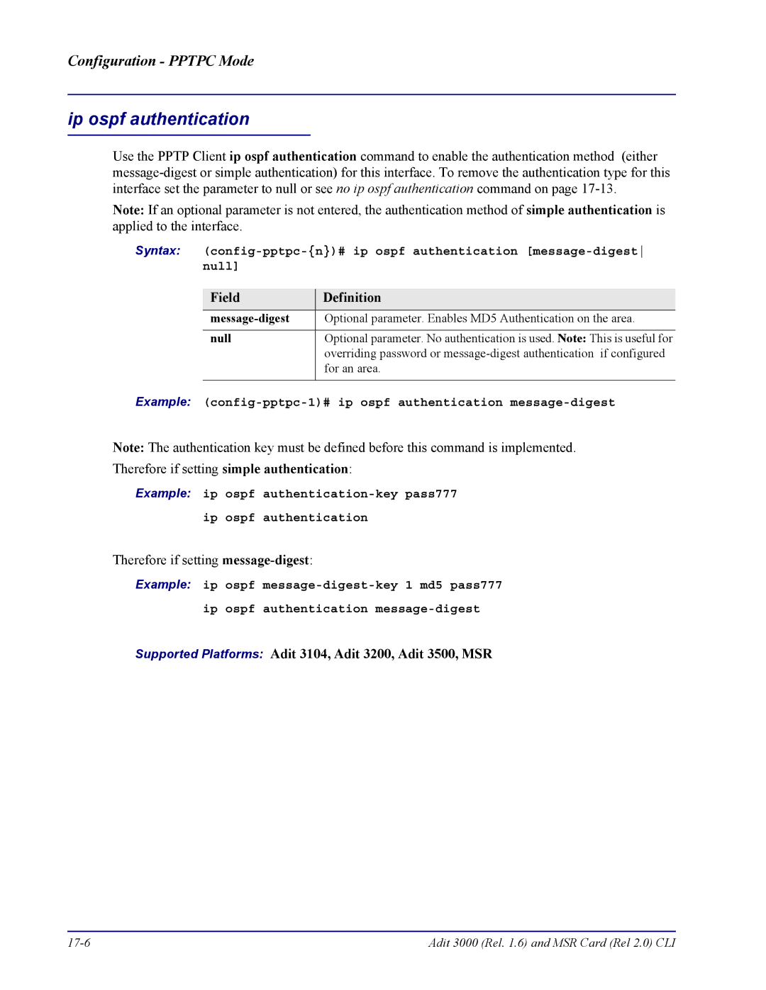 Carrier Access none manual Adit 3000 Rel .6 and MSR Card Rel 2.0 CLI 