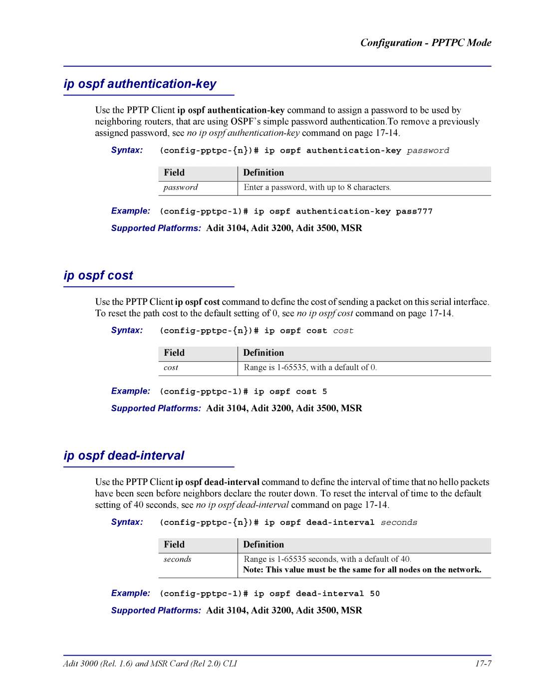 Carrier Access none Syntax config-pptpc-n# ip ospf authentication-key password, Syntax config-pptpc-n# ip ospf cost cost 