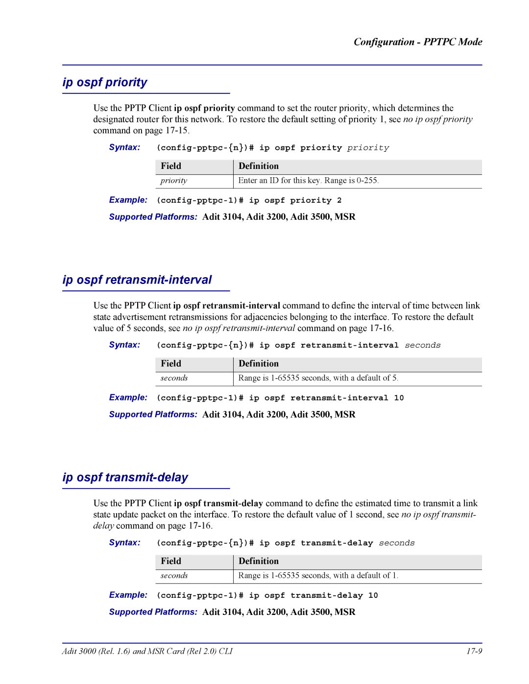 Carrier Access none manual Syntax config-pptpc-n# ip ospf priority priority, Example config-pptpc-1# ip ospf priority 