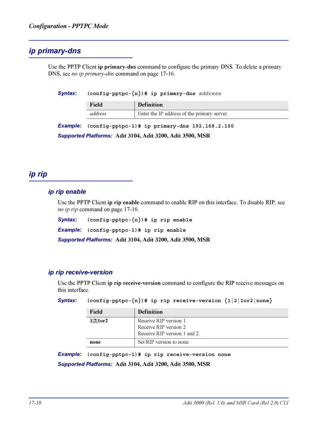 Carrier Access none manual Syntax config-pptpc-n# ip primary-dns address, Example config-pptpc-1# ip primary-dns 