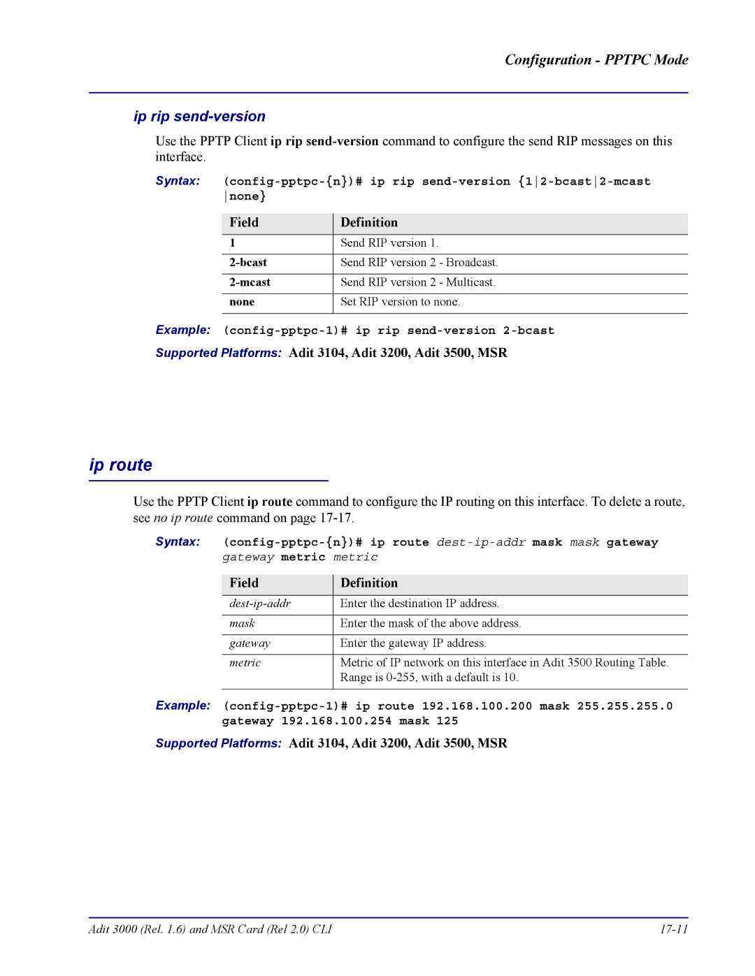 Carrier Access none manual Ip rip send-version, Example config-pptpc-1# ip rip send-version 2-bcast 