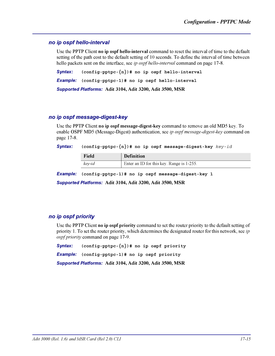 Carrier Access none manual Syntax config-pptpc-n# no ip ospf message-digest-key key-id 